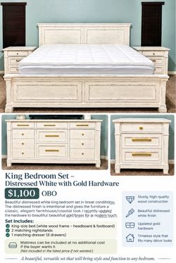 King Bedroom Set Distressed White Gold Hardware