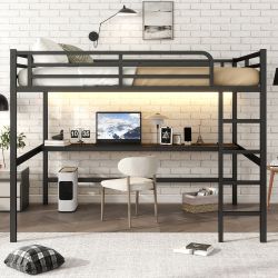 Arla Queen Size Metal Loft Bed with Desk, Power Outlet and LED