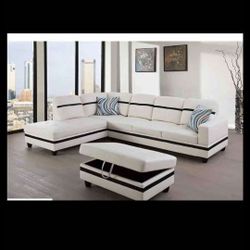 New White Leather Sectional And Ottoman 