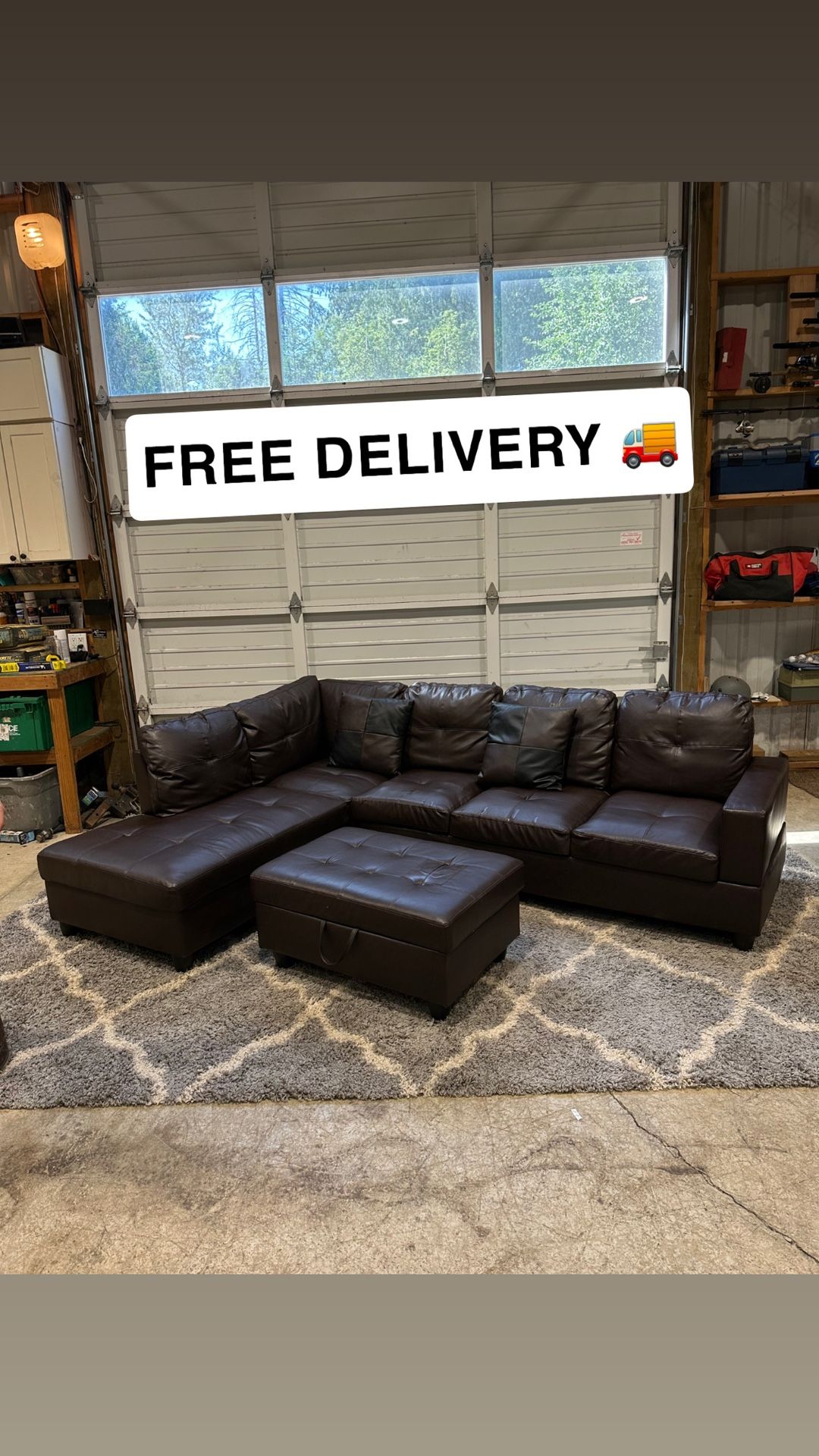 Brown Faux Leather Sectional Sofa w/ Ottoman - good condition