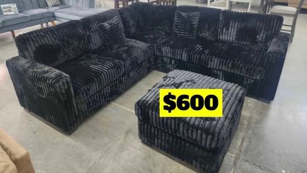 Black Corduroy Sectional Sofa with Ottoman