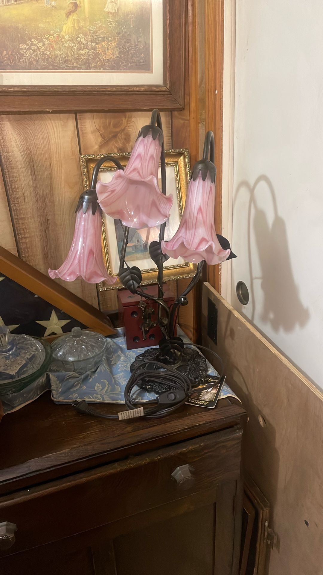 Tiffany Lamp 3 Blown Glass Shades Of Pink With It’s Own Fairy!