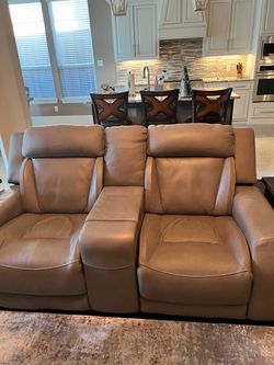Tan Leather Power Reclining Loveseat