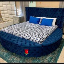 Round Blue Velvet Queen Size Bed With Storage 💥 In Stock✅ 