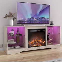 TV Stand with 18''Fireplace, Modern Entertainment Center for TVs up to 65'', Media TV Console with Adjustable Glass Shelves and Storage Cabinets, Farm