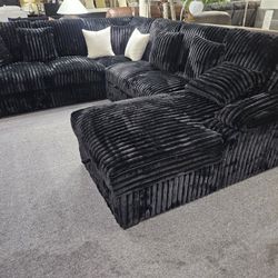 Brand New Black Super Soft Jumbo Corduroy Deep Cushion U Sectional With Pullout Bed And Left Or Right Storage Chaise (123" x 97.64" (66.93" Chaise))