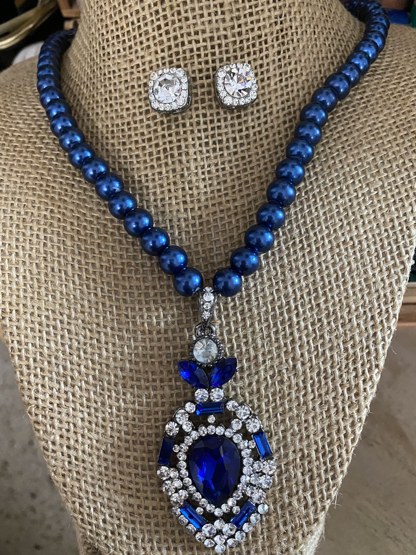 Juego Collar Y Aretes Perlas Azul Piedras Joyería Antigua