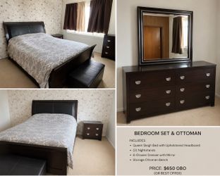 Queen Bedroom Set + Dresser, Mirror, Nightstand & Ottoman
