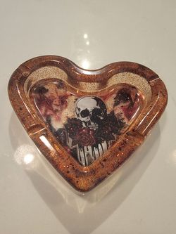 Homemade Heart Shaped Resin Ash Tray with Skull and Rose Sticker