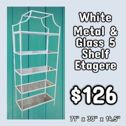 NEW White Metal & Glass 5 Shelf Etagere: njft
