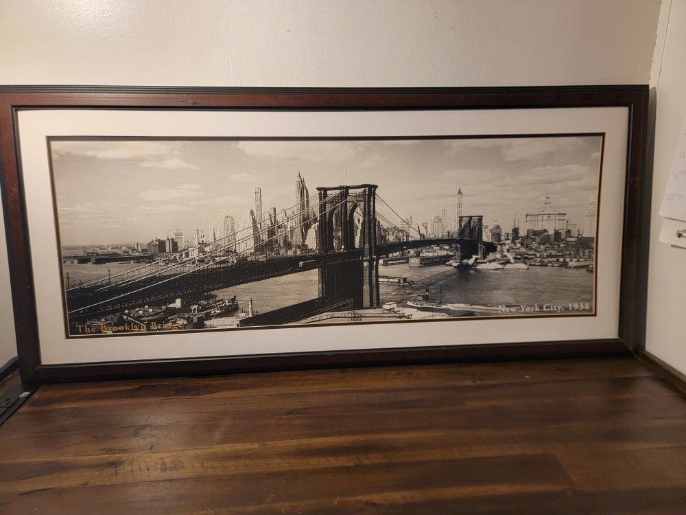 New York Brooklyn Bridge 1938 Large Wall Framed Decor Art Panoramic 42.5' L x 18' W