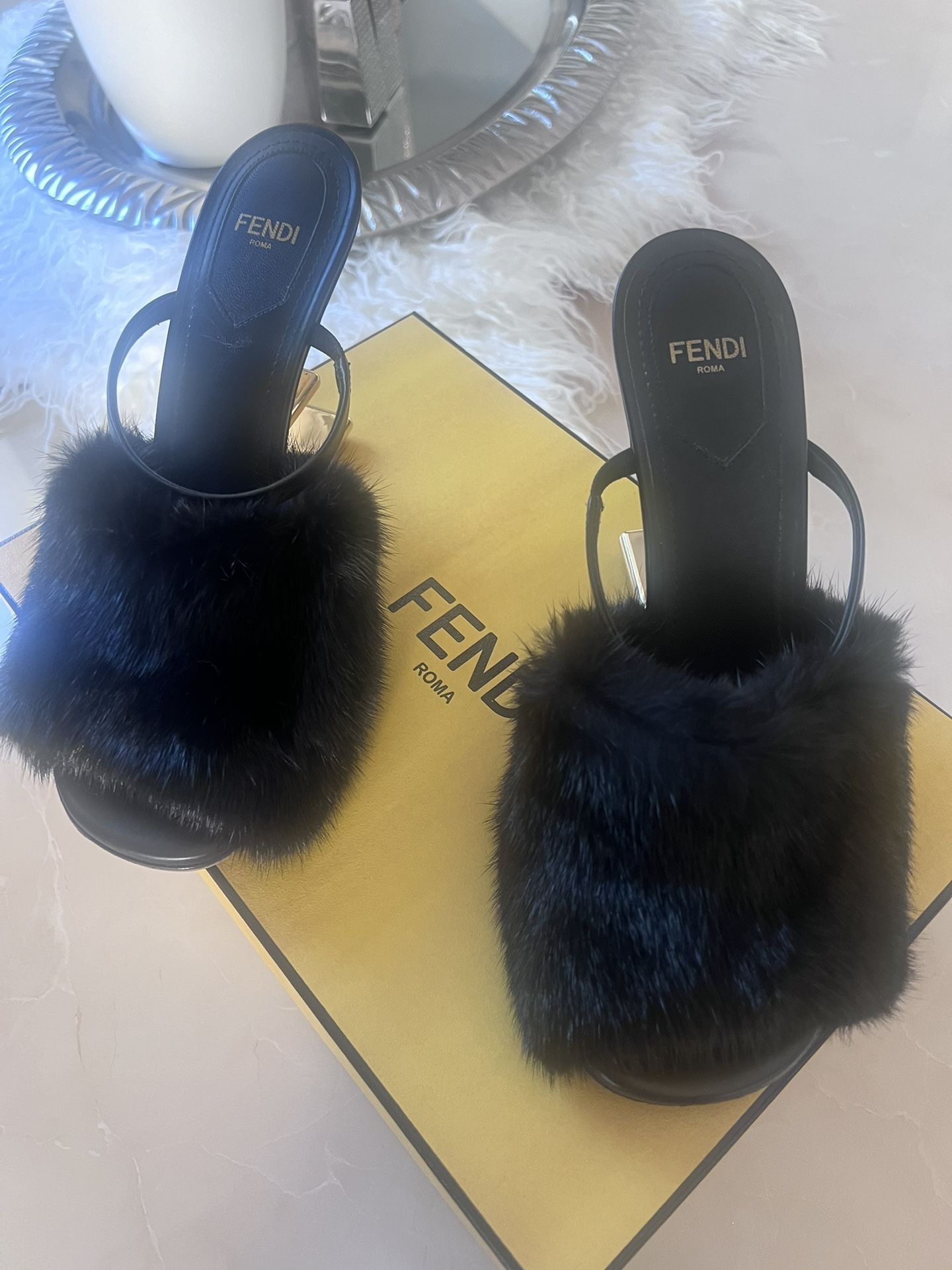 Fendi Black Mink High Heel Sandals