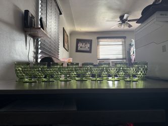 15pc Vintage Indiana Glass Avocado Green Cubist Set – 7 Footed Sherbets + 8 Footed Tumblers