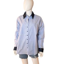 Fantastic Fawn Button Up Oversized Sequin Accent Blouse Sz Large