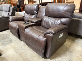 LA-Z-BOY Brown Leather Power Reclining Sofa with Storage Center Console (Remotes Not Included)