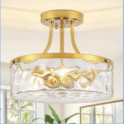 Brand New 11.81" Modern Gold Semi Flush Mount Ceiling Light Hammered Glass Hallway Light Fixtures Entryway Light Fixture 3-Light Lighting Fixtures for