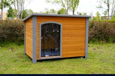 45 winter warm outdoor indoor dog house, made of solid wood, plastic curtain, insulation mat.