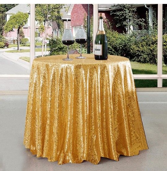 Gold Sequin Table Cloth Round 48 inch Glitter Shimmer Shiny Cover for Christmas Wedding Baby Shower Birthday Party Dinners Dessert Table Decoration
