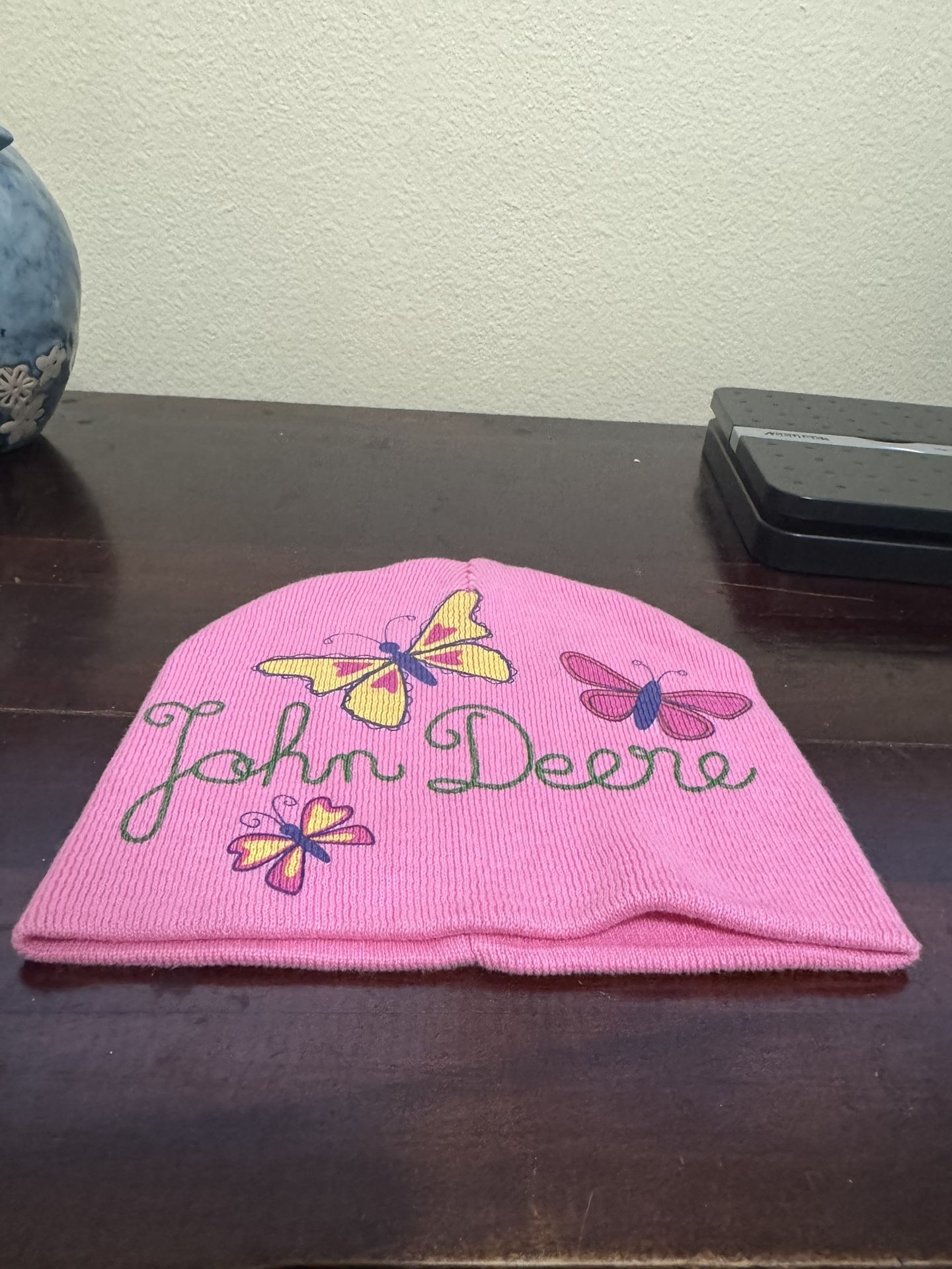 Girls Pink John Deere Beanie Butterflies