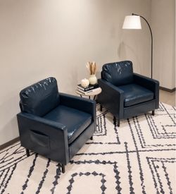 Blue faux leather accent chairs set of 2 with side pocket for storage