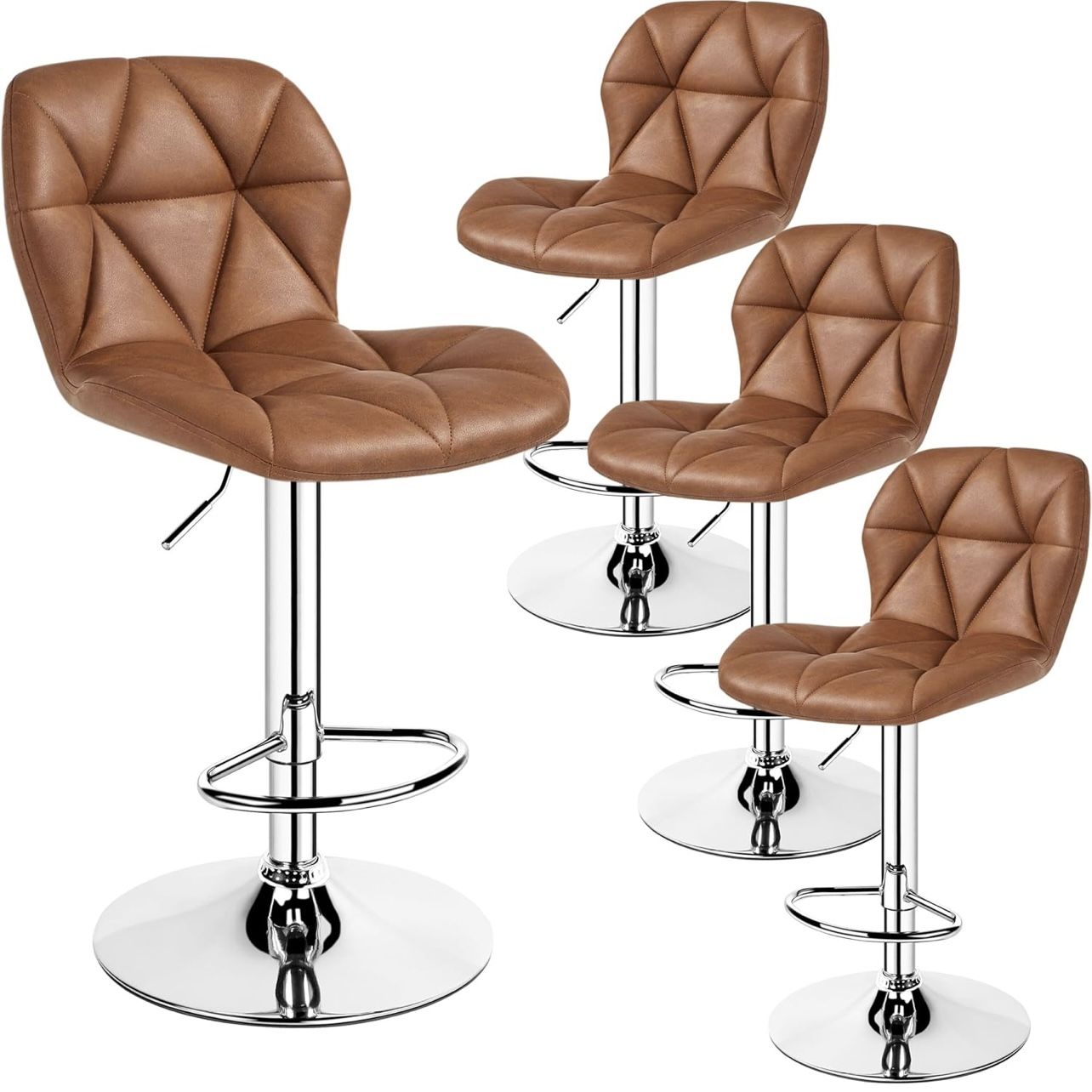 Bar Stools Set of 4, Adjustable PU Leather Swivel Barstools, Modern Counter Stools with Back and Footrest, Counter Height Barstools for Bar, Kitchen, 