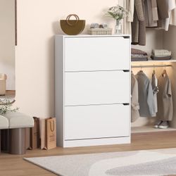 New Slim Shoe Rack with 3 Fold-Down Drawers, Freestanding Wooden Shoe Storage Cabinet for Entryway and Hallway, Modern Narrow Shoe Organizer, White  N