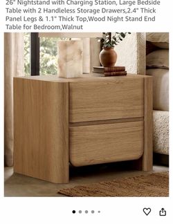 Wood Nightstand with 2 Drawers and Charging Station