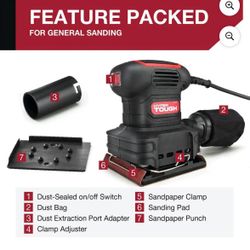 Hyper Tough 2 Amp Corded 1/4 Sheet Palm Sander with Dust Bag, Vacuum Hose Adapter, Punch Plate & 3 Sanding Sheets, New Condition