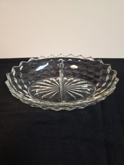 Vintage Fostoria Glass American Clear  Divided Oval Serving Bowl Cubist 7"×10"