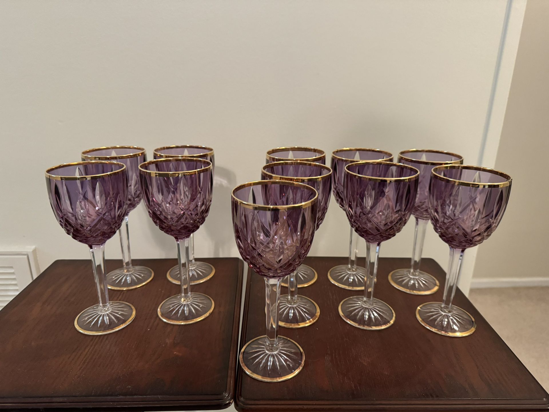 Purple Crystal Wine Glasses - Gold Rim