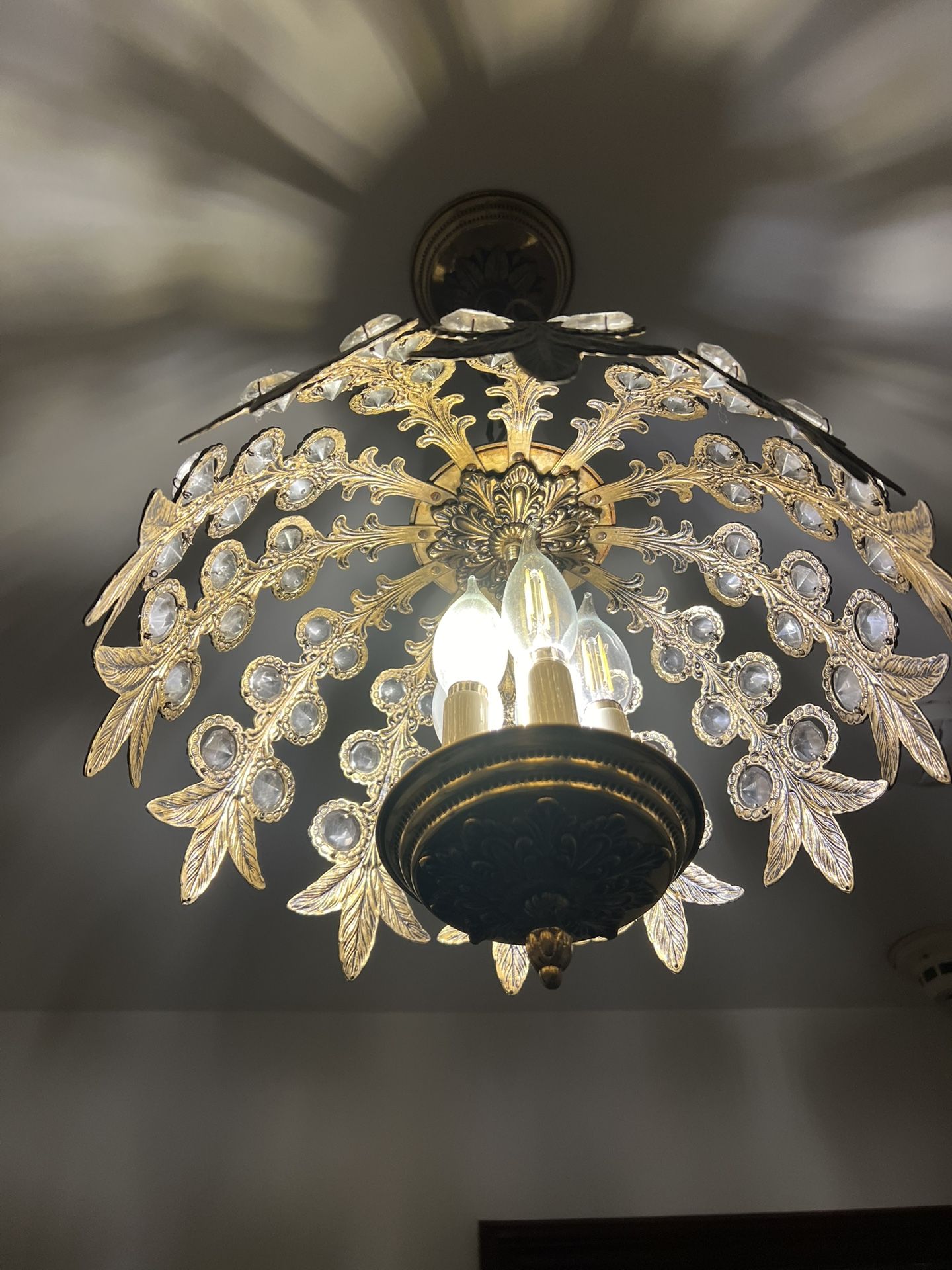 Large Vintage Bronze/ Cut Glass Hanging Swag Lamp