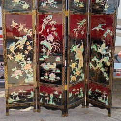 Vintage Oriental 4 Panel Room Divider Floor Mother Of Pearl