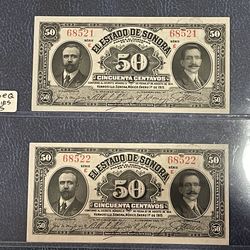1915 Mexico 50 Centavos Note - 2 consecutive serial - Crisp UNC