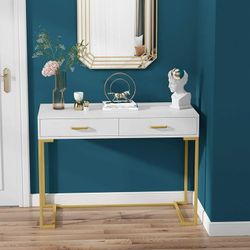 Computer Desk with Drawers, White and Gold Writing Desk Desk with 2 Drawers, Simple and Modern White Desk (White/Gold)