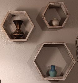 Set Of 3 Wood Rustic White Octagon Shaped Wall Shelves. 12", 9.5", 8".