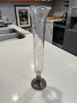 Vintage Etched Glass Trumpet Bud Vase with Silver Base