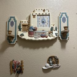 Vintage Burwood Home Interior Southwest Clock, Candle Holders And Pueblo Wall Decor