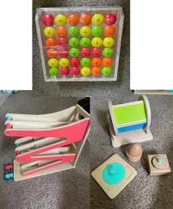 Lovevery toys: mosaic button board, egg/ pincer puzzle/ rainbow color spinner