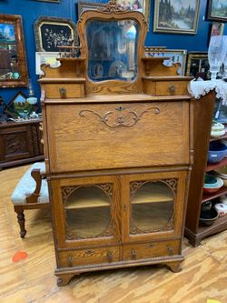 Antique Oak Drop Front Secretary Desk Cabinet