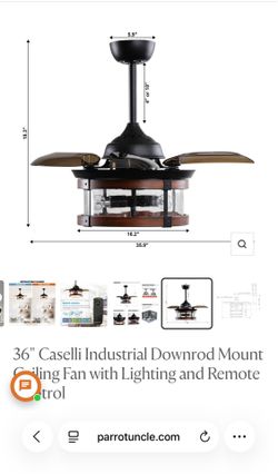 36" Parrot Uncle Caselli Industrial Downrod Mount Ceiling Fan with Lighting and Remote Control