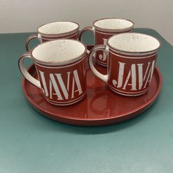4 Java Coffee Mugs And Serving Tray 