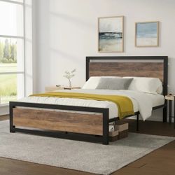 Heavy Duty King Size Bed Frame with Modern Headboard, Brown Platform Metal Base with Square Footboard and 13 Strong Slats Support, No Box Spring Neede