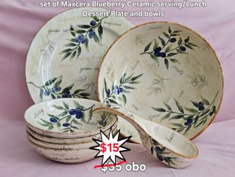 Set of maxcera blueberry ceramic serving/lunch/dessert plate and bowls with spoon rest