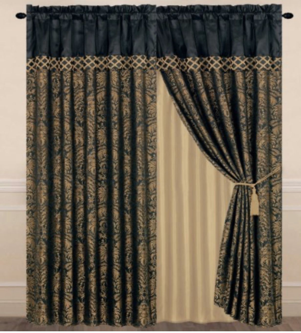 2 Panel Jacquard Floral Window Curtain Set with Sheer Backing and Tassels Valance - Black and Gold