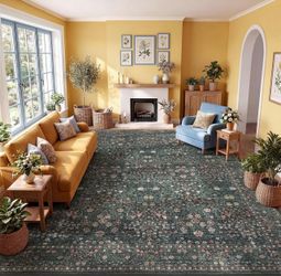 🔥Special Discount (Brand new in Box )🔥8x10 Floral Dark Green Area Rugs for Living Room, Washable Large Rug,Non-Slip, Stain-Resistant, Low Pile, Easy