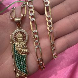 14k Gold Diamond Cut Figaro Chain w San Judas