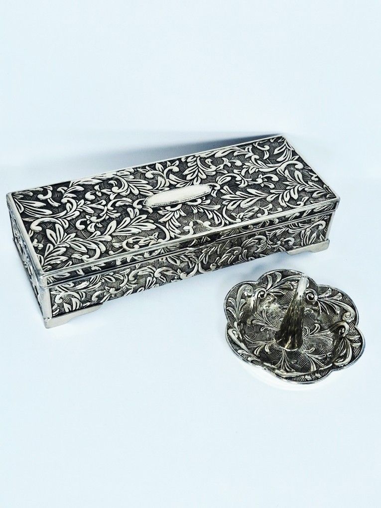 Vintage Godinger silver-plated jewelry box and a matching ring holder dish
