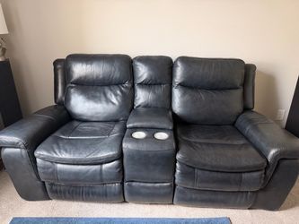 Navy Blue Leather Reclining Loveseat with Console