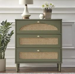 New Boho 3 Drawer Chest with Natural Cane Olive Green