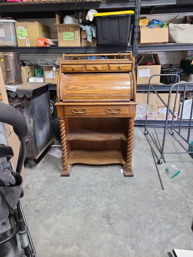 Carved Wood Secretary Desk With Roll Top Hutch Shelves 